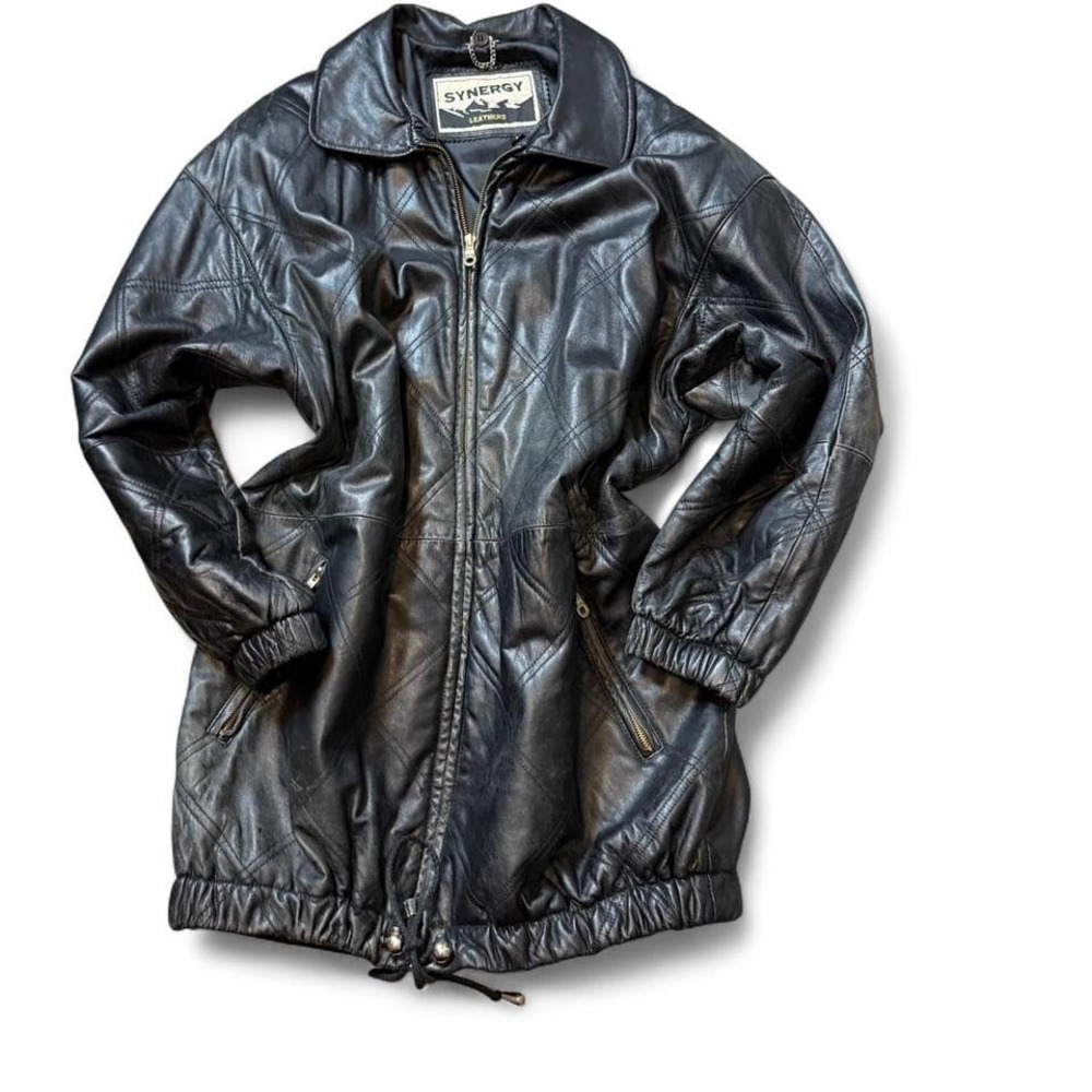 Vintage 90s Black Leather‎ Car Coat